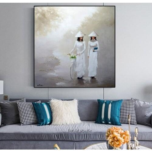 Hand Pained Oil Painting Abstract Art School Girl in Folk Costume Vietnamese Art for Living Room Wall Decoration