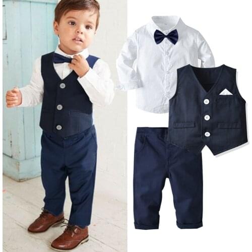 Boy Formal Outfits Cotton Kids Clothes Set Toddler Long-sleeved Shirt with Bow Tie + Vest + Trouser 4 PCS Suit Party Formal Wear