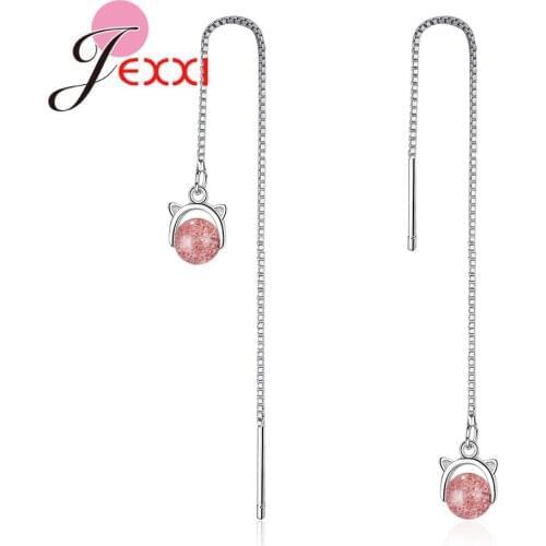 Trendy Long Thread Genuine 925 Sterling Silver Cute Animals Design With Pink Crystals Women Female Elegance Earrings