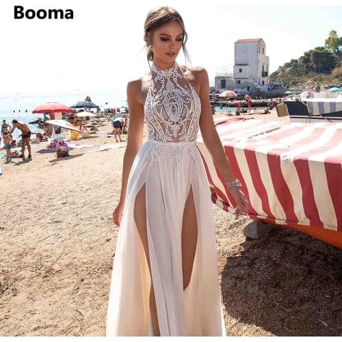 Booma Sexy Halter Beach Wedding Dresses Sleeveless High Slit Chiffon Bride Dresses Backless Sheer Top Appliques Bridal Gowns