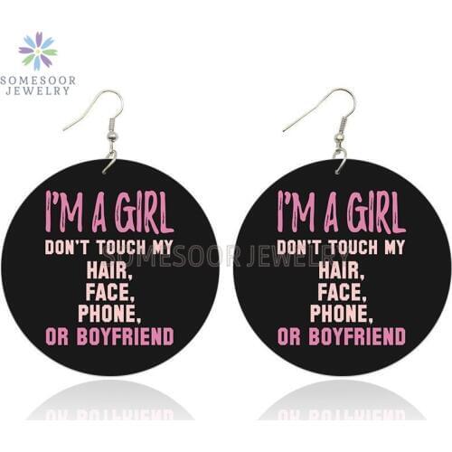 SOMESOOR Black Girl Sayings Photos Wooden Drop Earrings Don't Touch My Hair Face Phone Inspire Writings Loops For Women