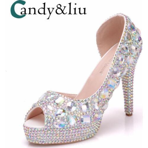 White color diamond wedding shoes, slim heel fishmouth waterproof platform shoes, high heel stage shoes