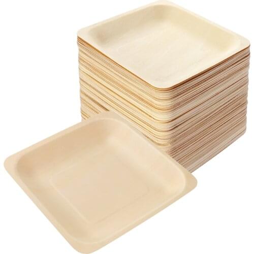 ROSENICE 100pcs Square Disposable Wooden Plate Party Plates Tableware for Wedding Restaurant Picnic Birthday 140x140mm