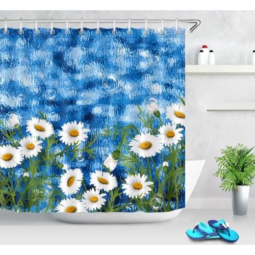 Spring Plant Floral Daisy Printing Bathroom Shower Curtains Watercolor Yellow White Flower Waterproof Bathtub Bath Curtain Decor