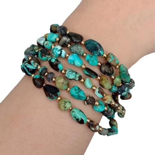 Y·YING 3 Rows Natural Green Turquoise Bracelet Freeform Shape Multi Strands Bracelet Cz Pave Clasp