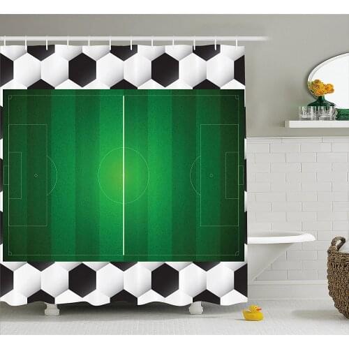 Soccer Shower Curtain Football Field with Hexagonal Ball Frame Sports Activity League Match Waterproof Polyester Bath Curtains