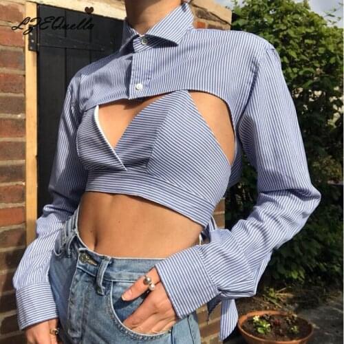 LZEQuella Woman T Shirts 2021 Fashion Design Striped Top Hollow Out Long Sleeve Button Tshirt Spring Summer Party Club Clothes