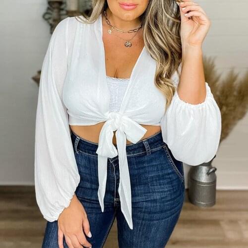 2021 Fashion Women Summer Chiffon Blouse Plus Size 5XL Female Lace Up Bow Tie Long Sleeve Solid Short Blouse Sexy Ladies Tops