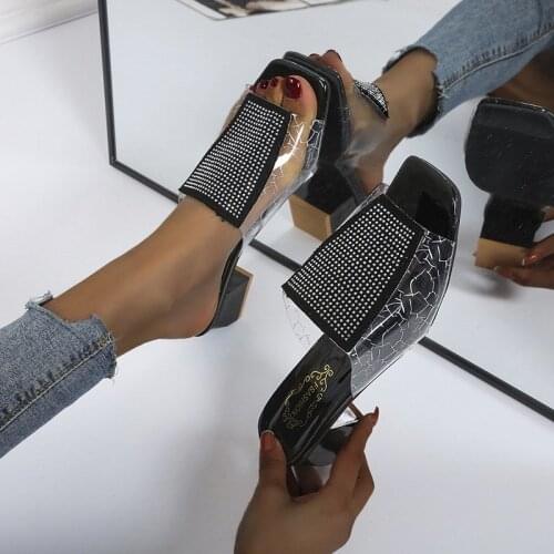 Sexy PVC Summer 2021 PU Square Toe High Heel Sandals Crystal Summer Fashion Slip on Square Heels Slides Women Mules Party 35-43