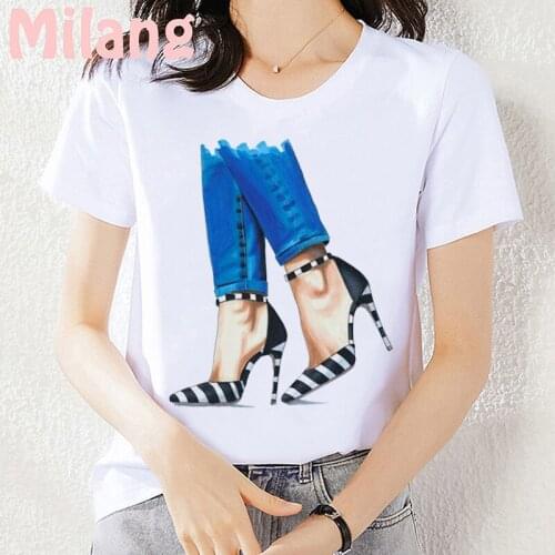 Summer 2021 High heels series Mujer Camisetas White Top T Shirts Aesthetics Graphic Casual Short Sleeve Polyester Women T-Shirt