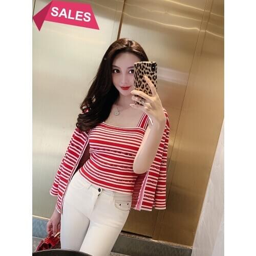 New elegant striped vest suit womens one-piece collar slim knit cardigan strap two-piece set
