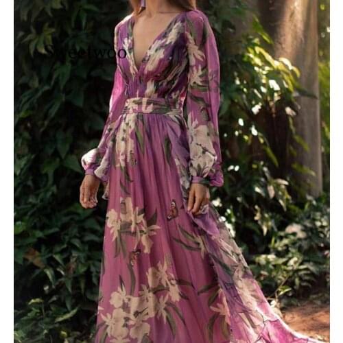 Womens Summer Chiffon Dress V-neck Ladies Floral Purple Maxi Dresses Slim Ladies Party Dress Vestidos Floor Dress for Woman
