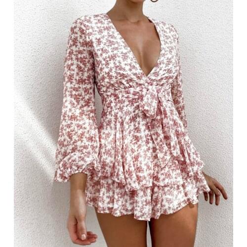 Deep V Mini Ruffles Dress Womens Long Sleeve A-Line Party Elegant High Waist Bow Tie Up Short Flared Dress Spring Summer