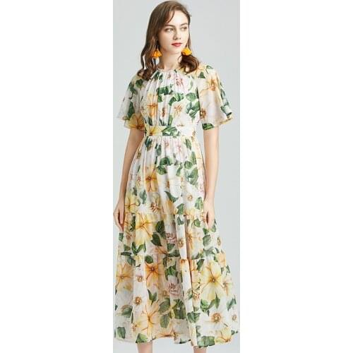 Summer Chiffon Maxi Dress Women Elegant Butterfly Sleeve O-Neck Floral Print Boho Beach Pleated Vacation Long Dress k358