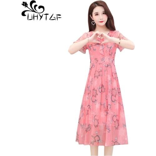 UHYTGF Summer dress womens fashion printed chiffon elegant dresses V-neck ruffles gauze thin beach long dress 5XL plus size 836