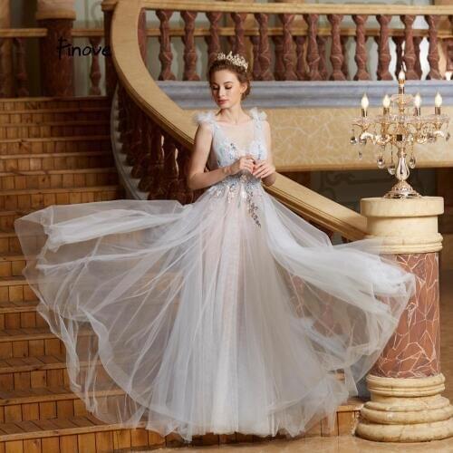 Finove Light Blue Evening Dresses 2019 Sexy Illusion Tulle Elegant O Neck Appliques Beading Court Train Long Party Prom Gowns