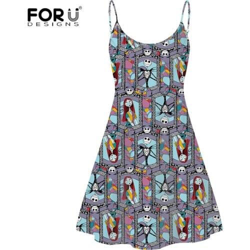 FORUDESIGNS Nightmare Before Christmas Print Sexy Party Dress for Girl Summer One Piece Sundress Beach Strappy Knee Length Dress
