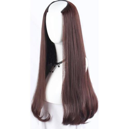 Gres Wavy Dark Brown U Part Wigs Machine Made Long Artifical Hair Synthetic Femme Half Wig Solid High Temperature Fiber