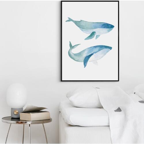 Nordic Minimalist Style Watercolor Whale Canvas Painting Print Poster Picture Mural Restaurant Home Wall Art Decoration