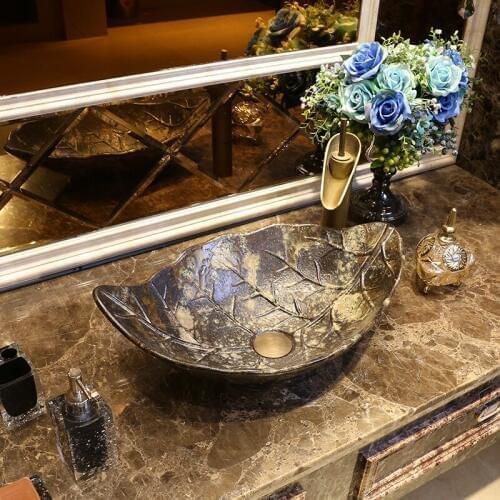 Creative Restoration Art oval shaped Ceramic Washbasin Individual Ancient leaf ceramic wash basin bathroom sink