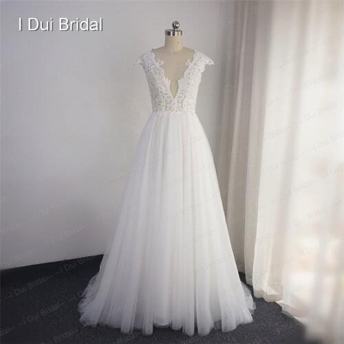 Plunging Neck Lace Wedding Dress A Line Illusion Back Reception Dress Bridal Gown 2020