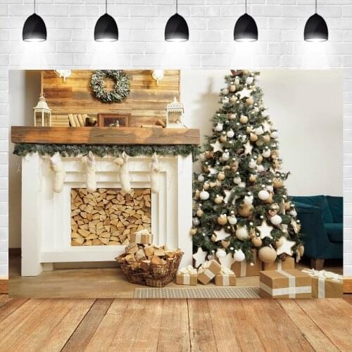 Laeacco White Fireplace Christmas Tree Background For Photography Gift Gold Balls Wreath Child Portrait Photocall Photo Backdrop
