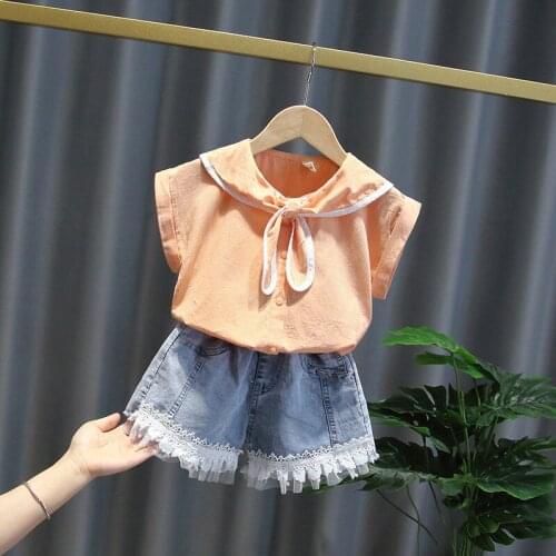 Girl 2021 New Denim Shorts Short Sleeve Baby Girl Western Style Little Girl Summer Clothes Two-Piece Suit Children Suit