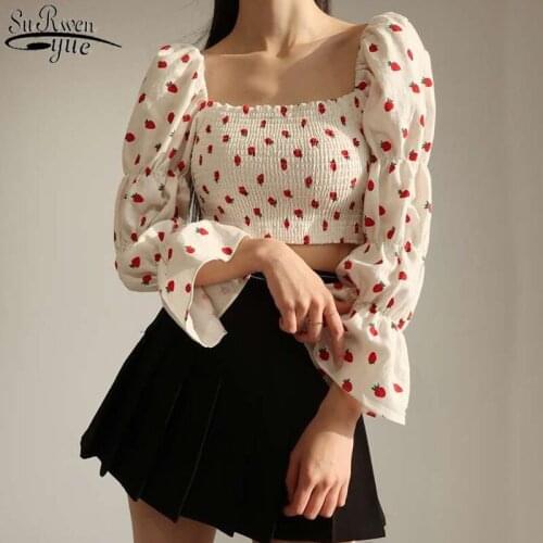 New Off Shoulder Puff Sleeve Shirts Slash Neck Print Strawberry Party Tops Women Vintage Clothes White Black Yellow Blouse 14369