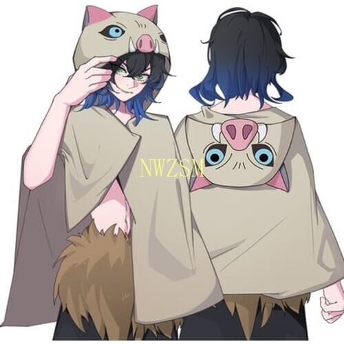 New Demon Slayer Kimetsu no Yaiba Cosplay Cotumes Hashibira Inosuke Cloak Pig Hooded Buttons Cape Flannel Bathrobe Pajamas Shawl