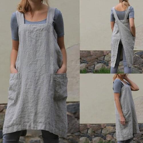 Solid Color Anti-oil Cross Back Pockets Kitchen Cooking Apron without Waist Ties