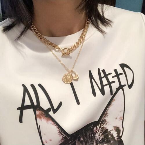 Boho Double Layers Choker Necklace Collar Statement Steampunk Love Heart Pendant Chunky Long Chain Necklace for Women Jewelry