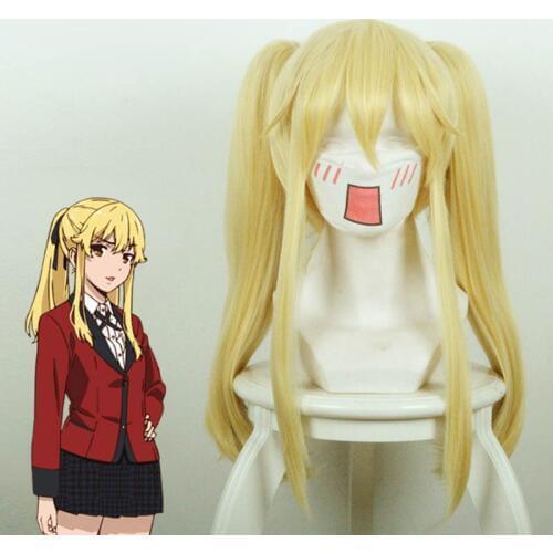 50cm Light Golden Kakegurui Compulsive Gambler Mary Saotome Wig Synthetic Hair Cosplay Wigs + 2 Clip on Ponytails
