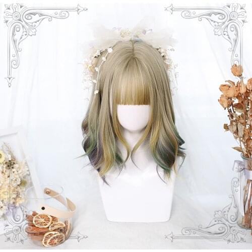Gradient Blonde Purple Green Lolita Wig Harajuku Fairy Princess Cosplay Bangs Curly Long Synthetic Hair Adult Girls Daily Wear
