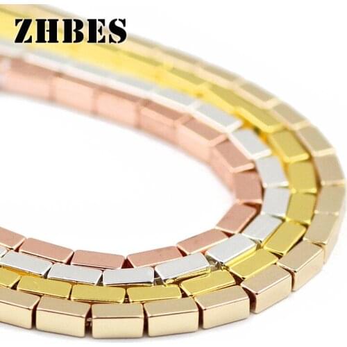 ZHBES 4x2MM Natural Stone Gold Silvers Rectangle Hematite Geometry Spacer Loose Beads For Jewelry Making DIY Bracelets Findings