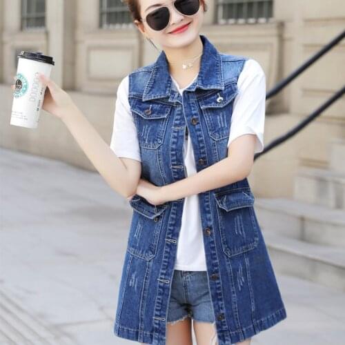Plus Size 6XL Denim Vest Spring Autumn Women Sleeveless Hole Mid-Length Jean Cardigan Coat Fashion Single-Breasted Waistcoat
