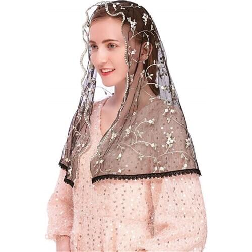 D Shape Women Mantilla for Church Head Coverings Catholic Mass Chapel Tulle Lace Embroidered Black Ivory Floral Head Wraps New