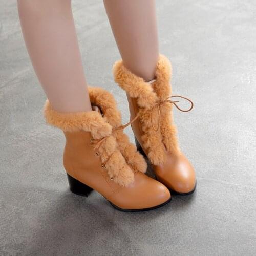 YMECHIC Fashion 2019 Faux Fur Designer Ankle High Heel Boots Lace Up Block Heels Winter Womens Shoes Biker Motorcycle Boots 44