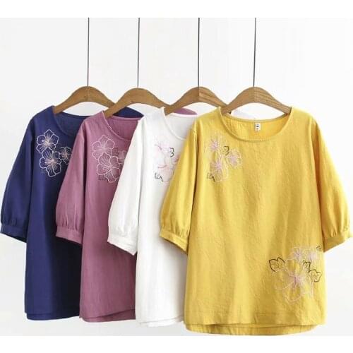 Plus Size XL-4XL White Blue Summer Tops Womens Fashion O-Neck Tshirts Floral Embroidery Half Sleeve T-shirt Vintage Retro Top