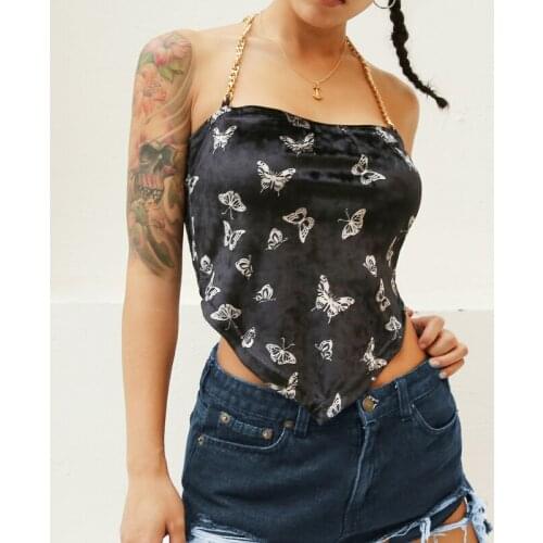 Halter Velvet Tank Top Women Patchwork Chain Crop Top Backless Cropped Feminino Streetwear Sleeveless Tops Tee Summer