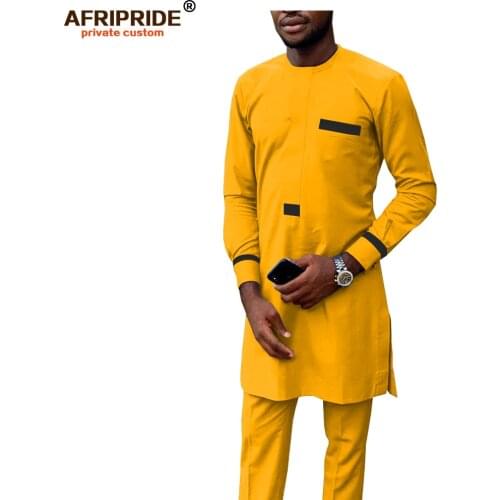 2019 African Men Clothing Tracksuit Autumn Outfit Dashiki Print Shirt and Ankara Pants Blouse Pockets Set AFRIPRIDE A1916017