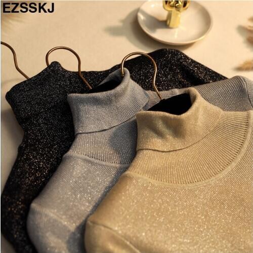 Glitter Turtleneck knit sweater Shinny Chic Women Sweaters And Pullovers spring Autumn thin bling Lurex slim baisc sweater