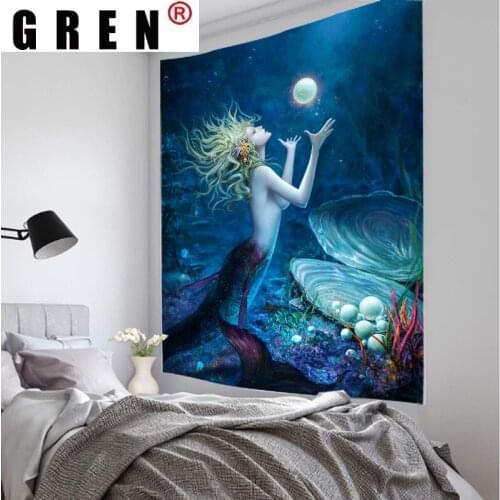 GREN Mermaid Mandala Bohemian Tapestry Wall Hanging Wall Covering Rugs Background Cloth Travel Beach Mat Blanket Art Home Decor