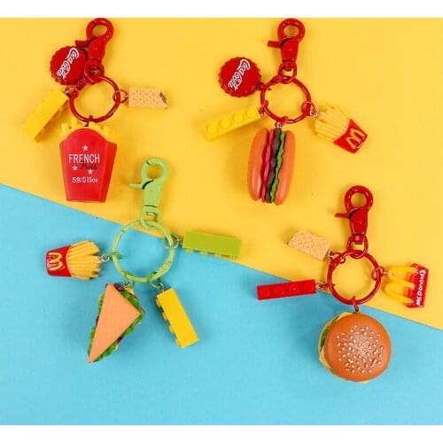 New Tide Sandwich Hamburger Fries Figure Keychain Pendant for Women Girl Bag Charms Creative Decoration Car Key Holder