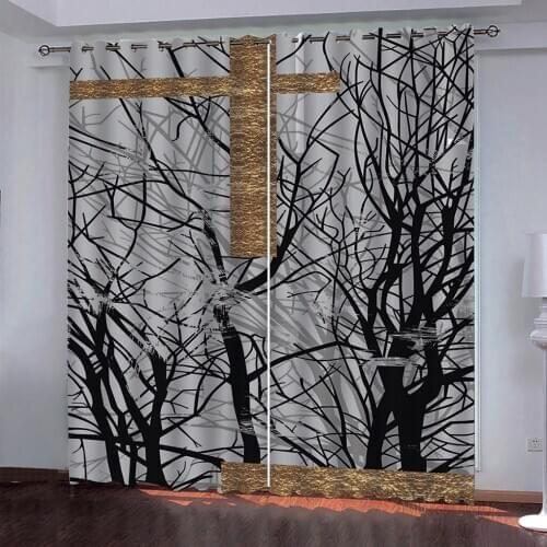 Black branch curtains Customized curtains complex classical style simple modern black and white 3d blackout curtains