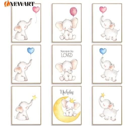 Baby Bedroom Canvas Wall Art Poster Print Elephant Pink Blue Balloon Painting For Girl Boy Nursery Room Wall Picture Decor Art