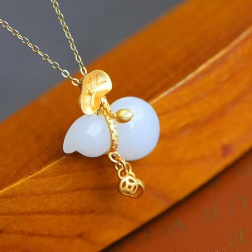Natural Hetian Jade Lotus Gourd S925 Sterling Silver Gilding Inlaid Necklace Pendant Womens Retro Simple Gift