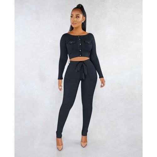 AHVIT Solid Color Sexy Skinny Women Two Piece Set Long Sleeve Round Collar Pockets Crop Top And Long Pants OL6052
