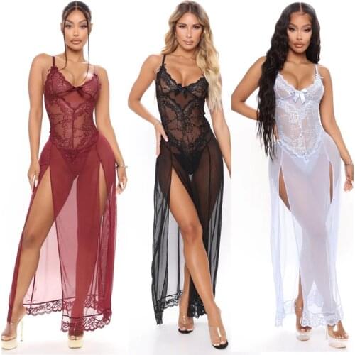 Womens 2 Piece Lingerie Set, Sexy V Neck Sheer Mesh Split Babydoll Chemise + Thongs Set Long Nightwear