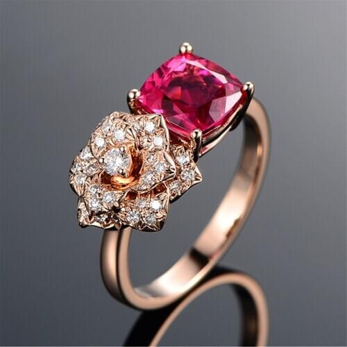 Hot Fashion Jewelry Size 6/7/8/9 Womens Rose Gold Color Red Flower Crystal Rings Wedding Party Gift R009