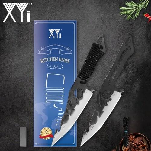 XYj Camping Hiking Slicer Handmade Forged Steel Knives Set With Rope Handle Sharpening Stone Gift Box Meat FisH Cooking Tools